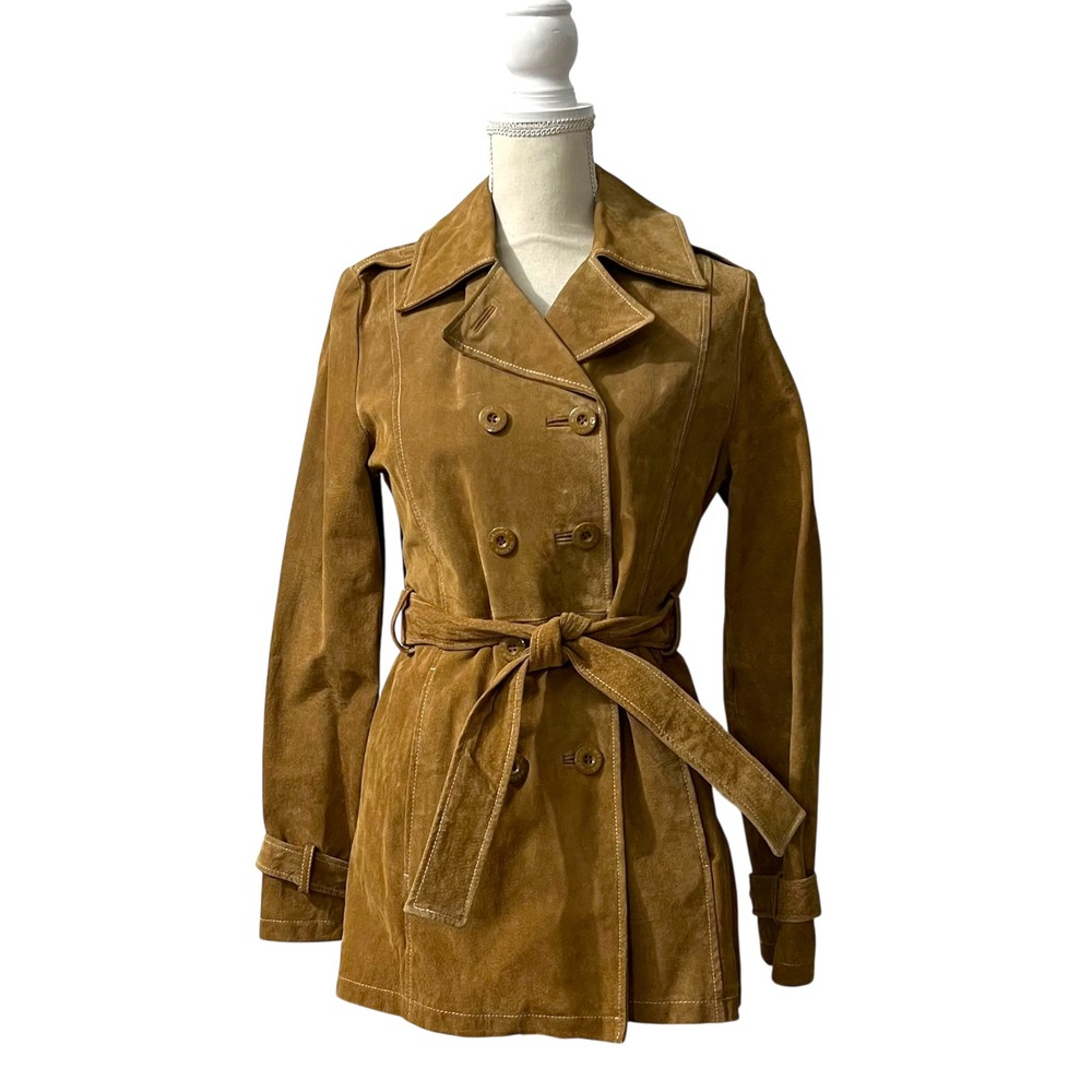Wilsons Leather Brown Suede Belted Double Breasted Trench Coat Paisley Lined‎ S - Picture 6 of 11